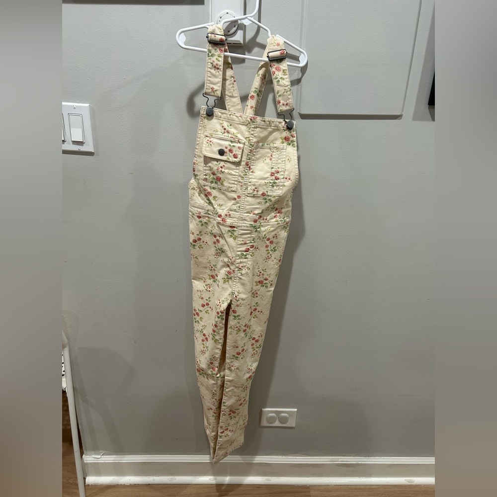 Polo Ralph Lauren Girls Velvet Corduroy Ivory Floral Overalls Size 14